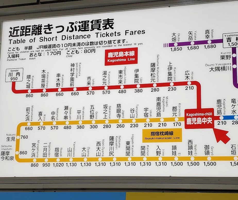 指宿枕崎線はとても本数が少ない電車で、西大山駅には1時間に0ないし1本(上り・下り合わせて)しか電車が来ません。 駅に停車する電車を見たければ事前に 時刻表をチェックしないと1時間以上待つこともありえます。 -